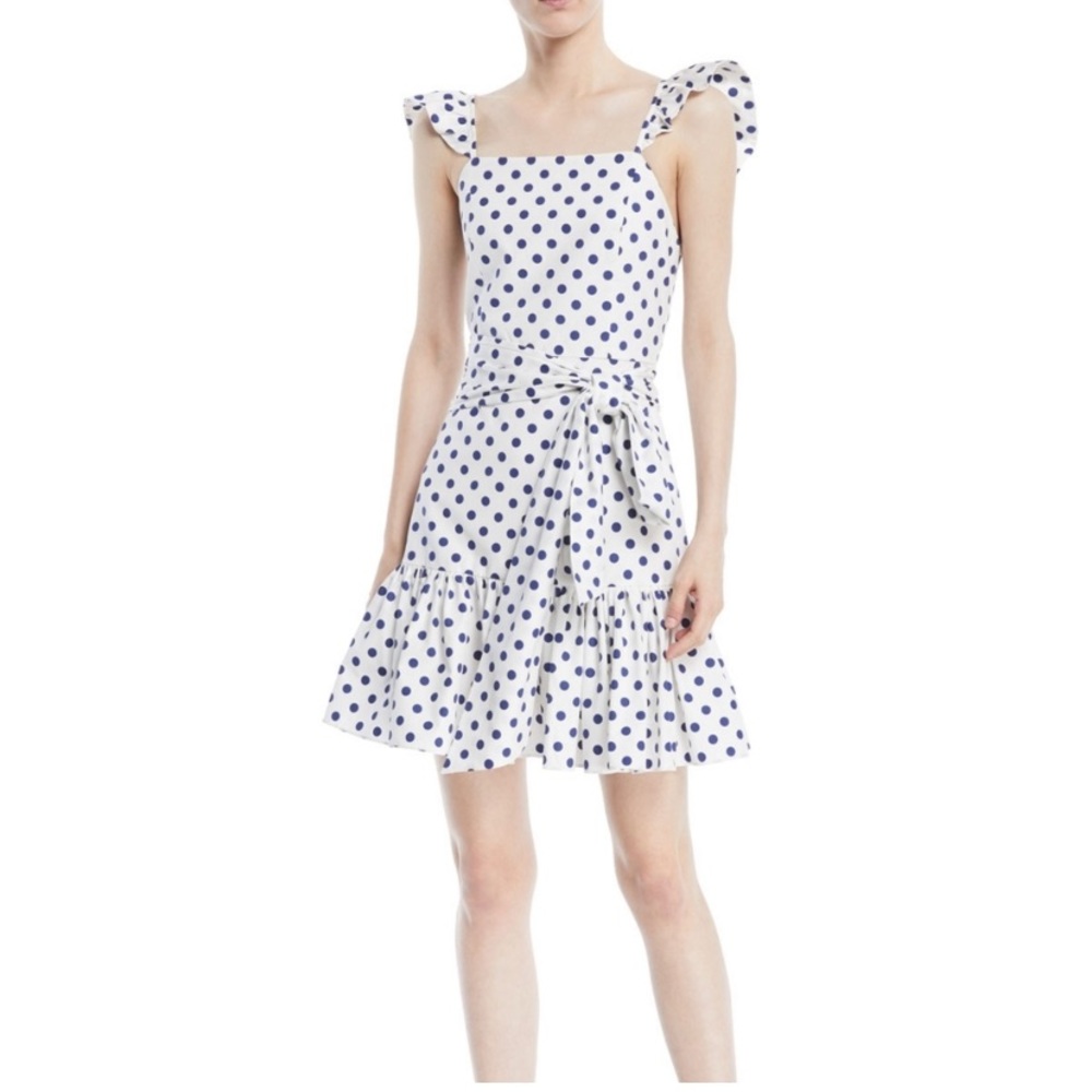 Alice + Olivia white and blue polka dot dress